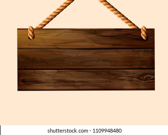 Blank hanging wood plank sign with copy space in 3d illustration