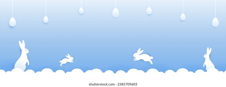 Blank Happy Easter day concept with paper cut clouds, rabbit, eggs. Suitable for greeting card and banner.