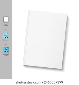 Blank hardcover book mockup. Vector illustration isolated on white background. Flat lay view.  It can be used for promo, catalogs, brochures, magazines, etc. Ready for your design. EPS10.