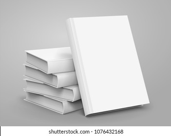 Blank hardcover books pile up on light grey background in 3d illustration