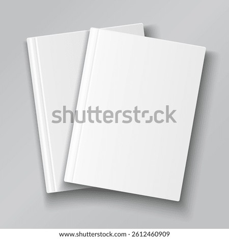 Blank hardcover closed book mockup. Vector illustration isolated on gray background. Flat empty lay view. White brochure template
