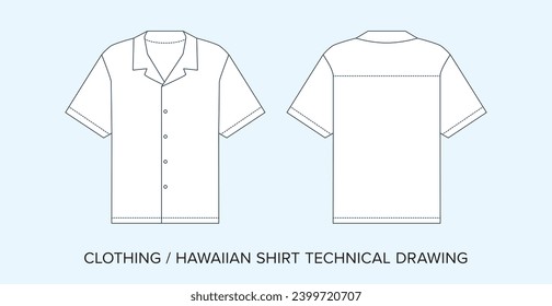Blank Hawaiian Shirt Technical Drawing, Apparel Blueprint for Fashion Designers. Tropical Shirt Detailed Editable Vector Illustration, Black and White Clothing Schematics, Isolated Background. 
