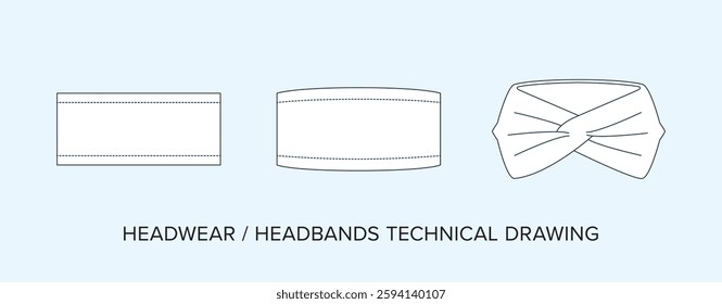 Blank Head Bands Technical Drawing, Headwear Blueprint for Fashion Designers. Detailed Editable Vector Illustration, Black and White Head Band Schematics, Isolated Background