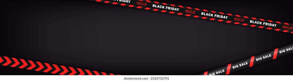 Blank header with crossed sale ribbons for Black Friday. Black panoramic banner with discount stripes and empty space for text. Marketing, online shopping card. Special offer, best price, hot deal