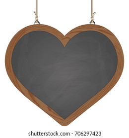 blank heart black board with wooden frame hanging on ropes