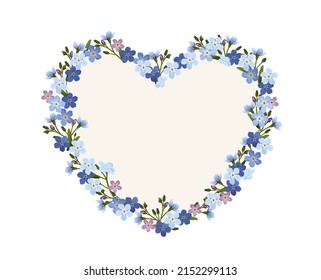 Blank heart card with forget me not flowers in a heart shape,
Card for Mothers Day, Birthday, Valentines Day, Wedding and more,
Vector illustration isolated on white background
