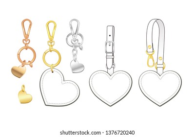 Blank heart shaped key chains set, heart shaped bag charms/ tags with detachable strap, vector illustration sketch template