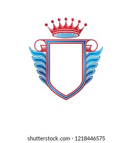 Blank heraldic coat of arms decorative emblem with copy space and cartouche. Empty winged protection shield emblem created with imperial crown, isolated vector illustration.