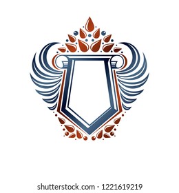 Blank heraldic coat of arms decorative emblem with copy space and cartouche. Empty winged protection shield emblem created with lily flower, isolated vector illustration.