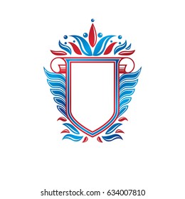 Blank heraldic coat of arms decorative emblem with copy space and cartouche. Empty winged protection shield emblem created with lily flower, isolated vector illustration.