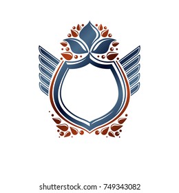 Blank heraldic coat of arms decorative emblem with copy space. Empty winged protection shield emblem created with lily flower and isolated vector illustration.