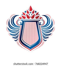 Blank heraldic coat of arms decorative emblem with copy space and cartouche. Empty winged protection shield emblem created with lily flower, isolated vector illustration.