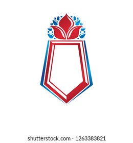 Blank heraldic design with copy space, vector vintage protection shield emblem decorated with lily flower and leaves.