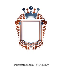 Blank heraldic design with copy space and cartouche, vector vintage protection shield emblem decorated with royal crown and rolled-up ends.