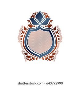 Blank heraldic design with copy space, vector vintage protection shield emblem decorated with lily flower and leaves.