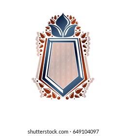 Blank heraldic design with copy space, vector vintage protection shield emblem decorated with lily flower and leaves.