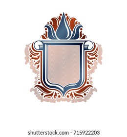 Blank heraldic design with copy space, vector vintage protection shield emblem decorated with lily flower and cartouche.