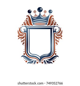 Blank heraldic design with copy space and cartouche, vector vintage protection shield emblem decorated with royal crown and rolled-up ends.