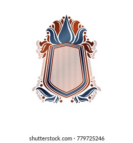 Blank heraldic design with copy space, vector vintage protection shield emblem decorated with lily flower and leaves.