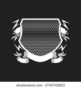 Blank Heraldic Shield Crest with Honeycomb Pattern on Dark Background