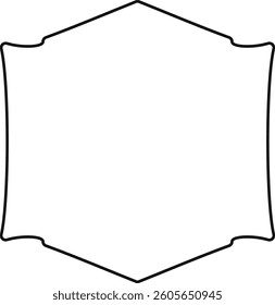 A blank hexagonal badge outline with curved edges in a minimalist style. The emblem features a clean, simple border ideal for customization. Cartoon vector illustration.
