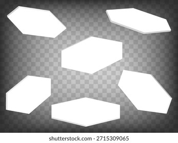 Leere sechseckige Kartensammlung 3D-Symbole auf transparentem Hintergrund. Hexagonale Karte Zeichen 3D-Symbol-Illustration mit verschiedenen Ansichten und Winkel. Grafikelemente für Ihr Design. EPS 10