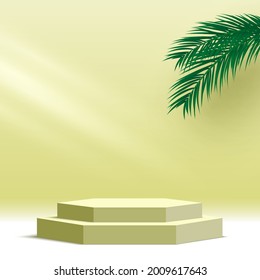 Blank hexagonal podium with palm leaves. Pedestal. Products display platform. 3d render stage. Vector illustration.