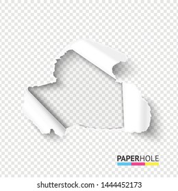 Blank hole in tear paper on abstract transparent background. Cardboard hole with torn edge. Vector illustration