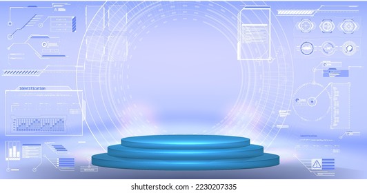 Blank Hologram for show your product. Circle technology portal. Vector illustration Abstract blue light effect background. Futuristic lab with 3D circle and HUD elements interface. 