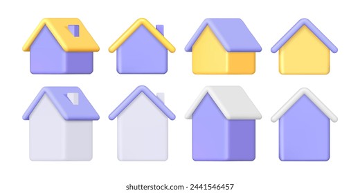 Blank homes with roofs and chimney, empty walls. Vector isolated set of houses, construction buildings in front and side view. Cottage or apartment for living, real estate or housing concept