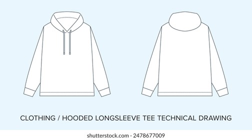 Blank Hooded Longsleeve Tee Technical Drawing, Apparel Blueprint for Fashion Designers. Detailed Editable Vector Illustration, Black and White Clothing Schematics, Isolated Background