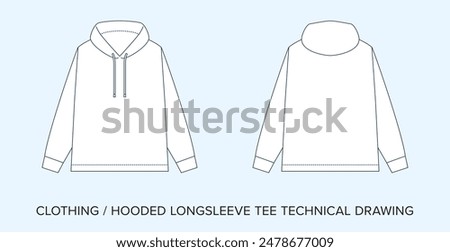 Blank Hooded Longsleeve Tee Technical Drawing, Apparel Blueprint for Fashion Designers. Detailed Editable Vector Illustration, Black and White Clothing Schematics, Isolated Background