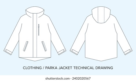 Dibujo de la Chaqueta Parka con capucha en blanco, Diseño de Diseño para Diseñadores de Moda. Ilustración detallada de vectores editables, esquemas de ropa en blanco y negro, fondo aislado