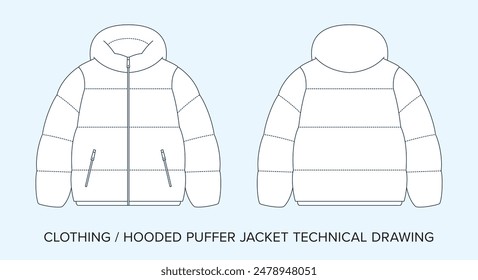 Blank Hooded Puffer Jacket Technical Drawing, Apparel Blueprint for Fashion Designers. Detailed Editable Vector Illustration, Black and White Clothing Schematics, Isolated Background