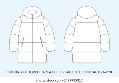 Blank Hooded Puffer Parka Jacket Technical Drawing, Apparel Blueprint for Fashion Designers. Detailed Editable Vector Illustration, Black and White Clothing Schematics, Isolated Background