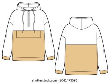 Blank Hoodie In Front, Back Views. Zipper And Pocket On Front