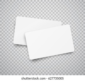 Blank horizontal plastic, paper business cards or name cards isolated on transparent background. Vector clean web stickers, sheets, labels, banners with rounded corners for your advertising design.