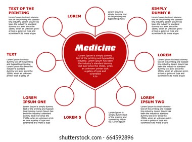 Blank horizontal template medical subjects. Red circular  infographic on white background, heart with 8 empty circles and place for text.