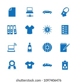 Blank icon. collection of 16 blank filled icons such as document, t-shirt with heart, ribbon, home key tag, car, shield. editable blank icons for web and mobile.