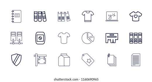 Blank icon. collection of 18 blank outline icons such as binder, shield, t-shirt with heart, ad, camera display, t-shirt, t-shirt. editable blank icons for web and mobile.
