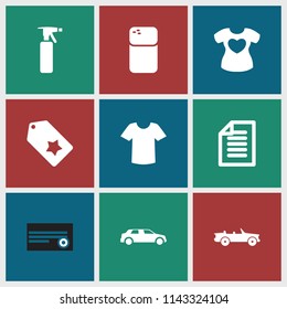 Blank icon. collection of 9 blank filled icons such as spray bottle, t-shirt, paper, car, pepper, tag, t-shirt with heart. editable blank icons for web and mobile.