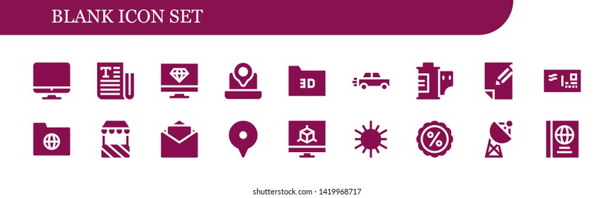 blank icon set. 18 filled blank icons.  Simple modern icons about  - Screen, Text, Computer, Laptop, Folder, Car, Film roll, Paper, Envelope, Stand, Blank, Location, Monitor, Sun
