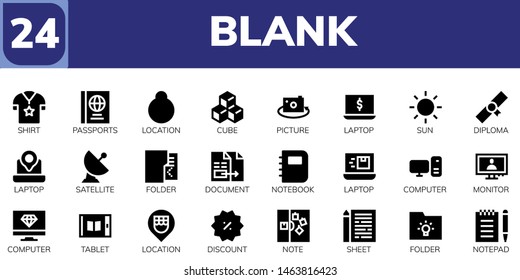 blank icon set. 24 filled blank icons.  Collection Of - Shirt, Passports, Location, Cube, Picture, Laptop, Sun, Diploma, Satellite, Folder, Document, Notebook, Computer, Monitor