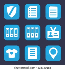 Blank icon. set of 9 filled blank icons such as t-shirt with heart, notebook, badge, binder, paper, map location, document