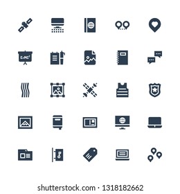blank icon set. Collection of 25 filled blank icons included Location, Laptop, Label, Signboard, Folder, Screen, Postcard, Notebook, Image, Police badge, Shirt, Satellite, Towel
