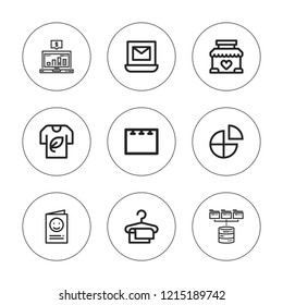Blank icon set. collection of 9 outline blank icons with billboard, laptop, invitation, folders, pie chart, stand, tshirt icons. editable icons.