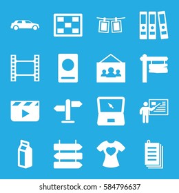 blank icons set. Set of 16 blank filled icons such as direction   isolated, passport, direction board, milk, paper, t-shirt with heart, laptop, car, photos on rope, photo