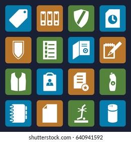 Blank icons set. set of 16 blank filled icons such as pepper, tag, document, sleeveless shirt, water bottle, no standing nearby, notebook, binder, shield, resume, diploma