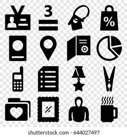 Blank icons set. set of 16 blank filled icons such as passport, hoodie, 3 allowed, folder with heart, badge, phone, paper, cloth pin, photo, home key tag, mug, medal