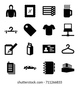 Blank icons set. set of 16 blank filled icons such as wooden wall, car, hanger, t-shirt, hoodie, badge, milk, paper, notebook, documents box, photo, mug, tag